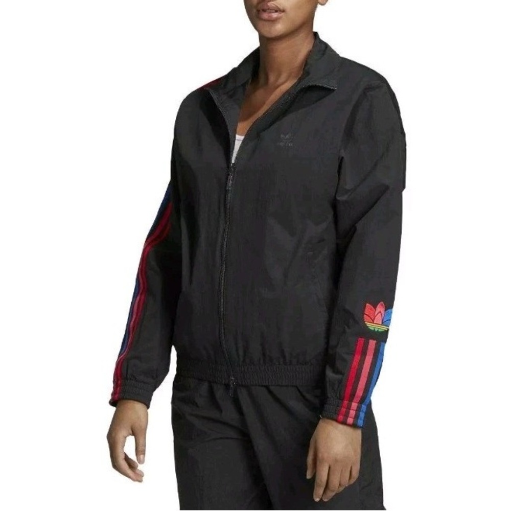 Adidas Women's Black Bomber Jacket with Red and Blue Stripes